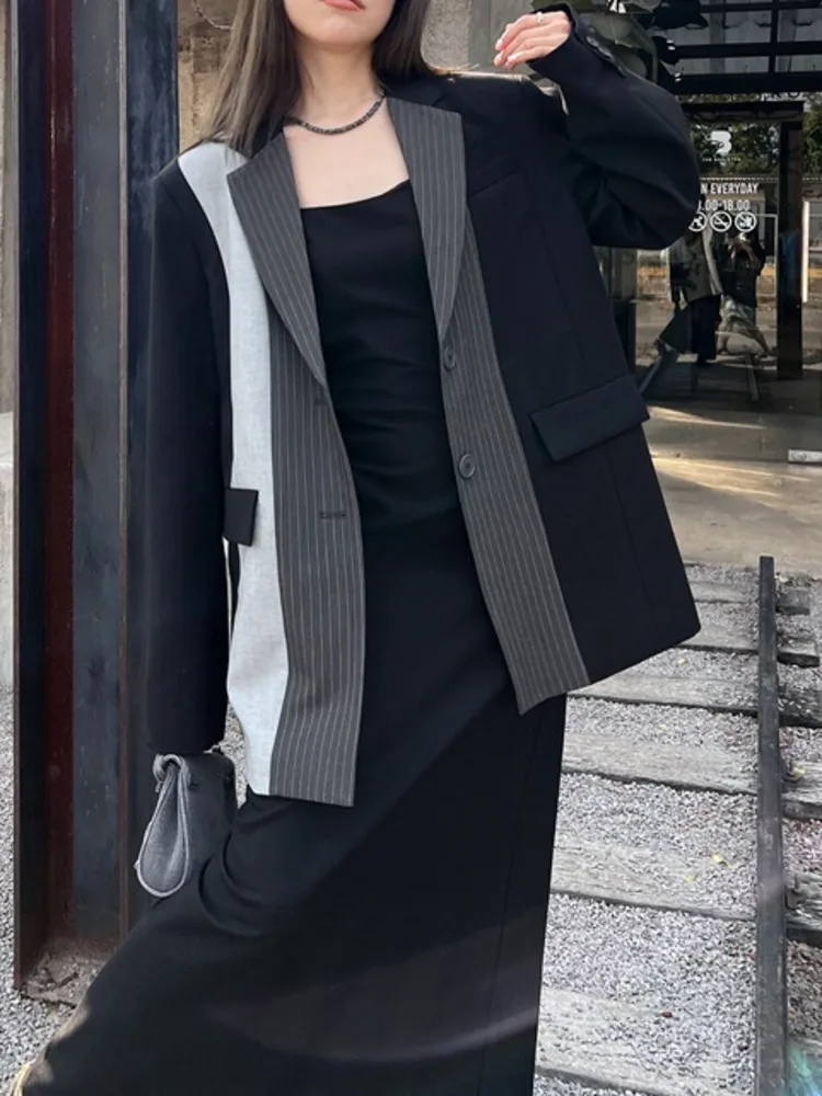 [LANMREM] Designer Spliced Contrast Color Blazers For Women Single Breasted Long Sleeve Tide Jackets 2024 Spring New 26D8908