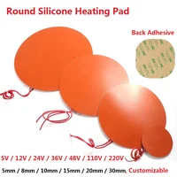 5V 12V 24V 110V 220V Round Silicone Rubber Heating Pad Mat W/ Adhesive Circle Heater Plate Oil Tank 3D Printer Engine Waterproof 1