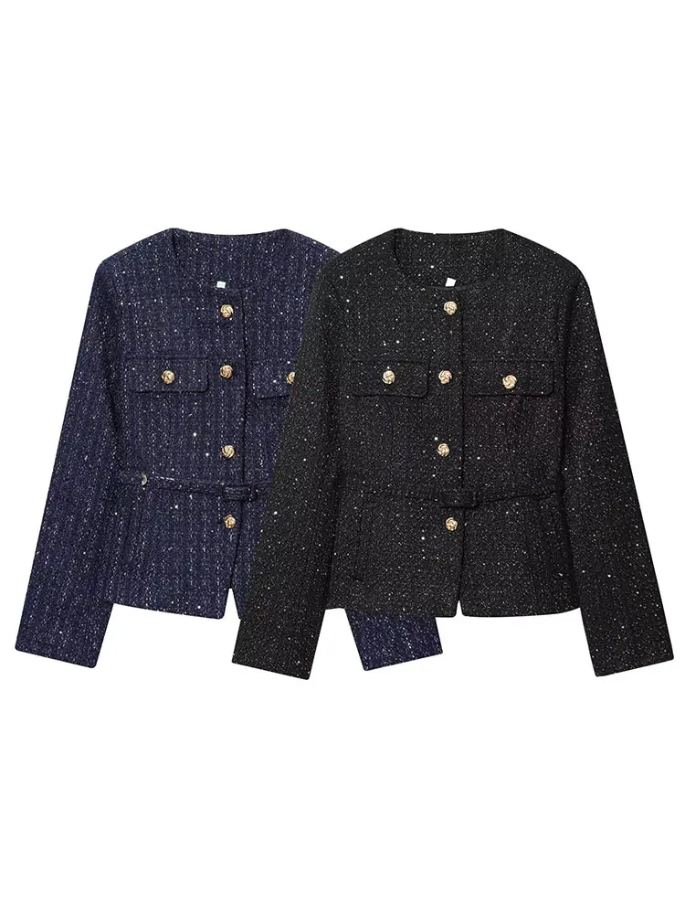 HH Autumn Women Casual Metal Buttons Sequin Coat Long Sleeve O Neck Single Breasted Belt Jacket Fashion High Street Chic Outwear