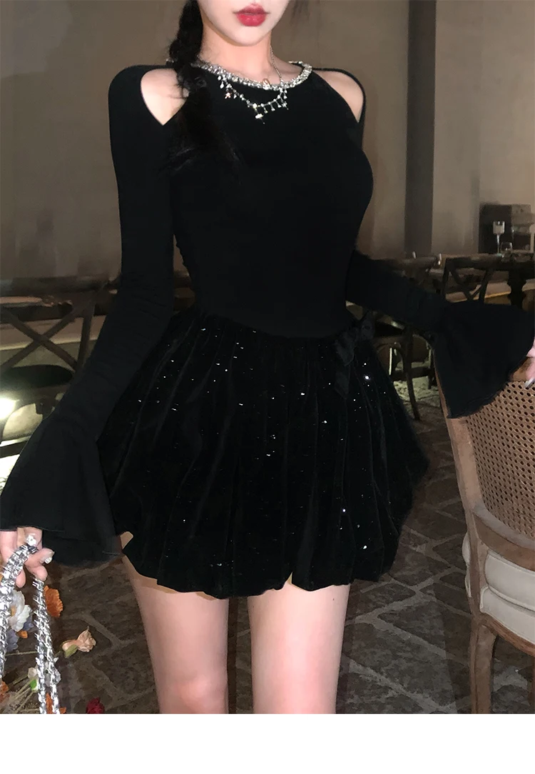 Autumn Winter Knitted Black Dresses for Women Long Sleeves High Waist A-line Birthday Party Dress Mini Vestidos Female Clothing