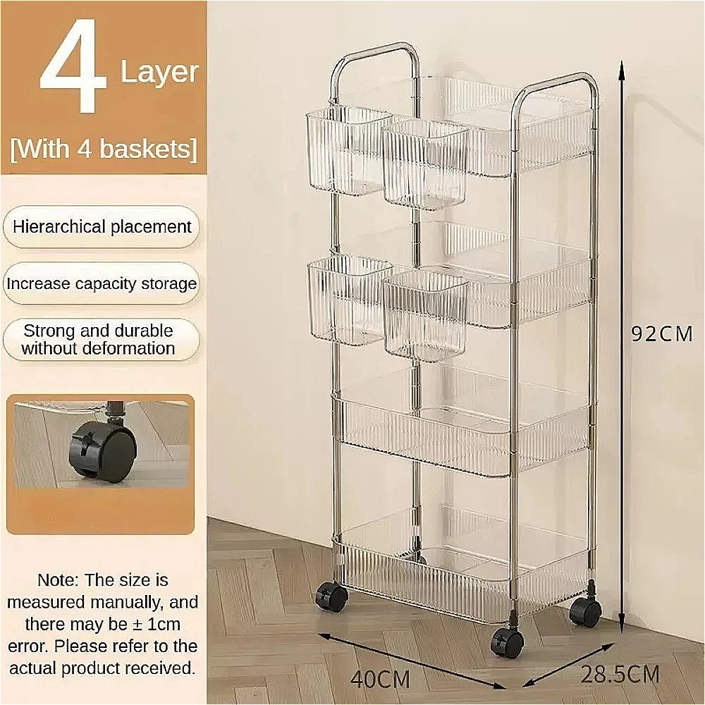 4 Tiers Rolling Cart Storage Shelfs with Hanging Basket Transparent Acrylic Trolley Mobile Shelf with Wheel Multi-Layers Storage