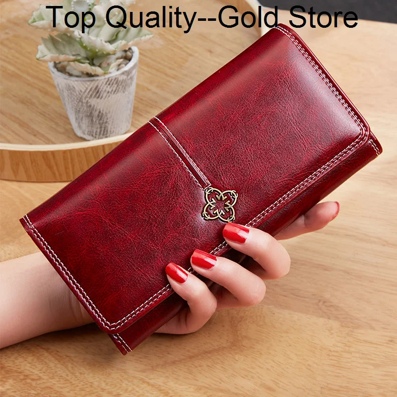 

2024 New Women's Wallet Wax oil skin wallet portfel damski Lady Long Leather Clutch Bag Card Holder carteira feminina