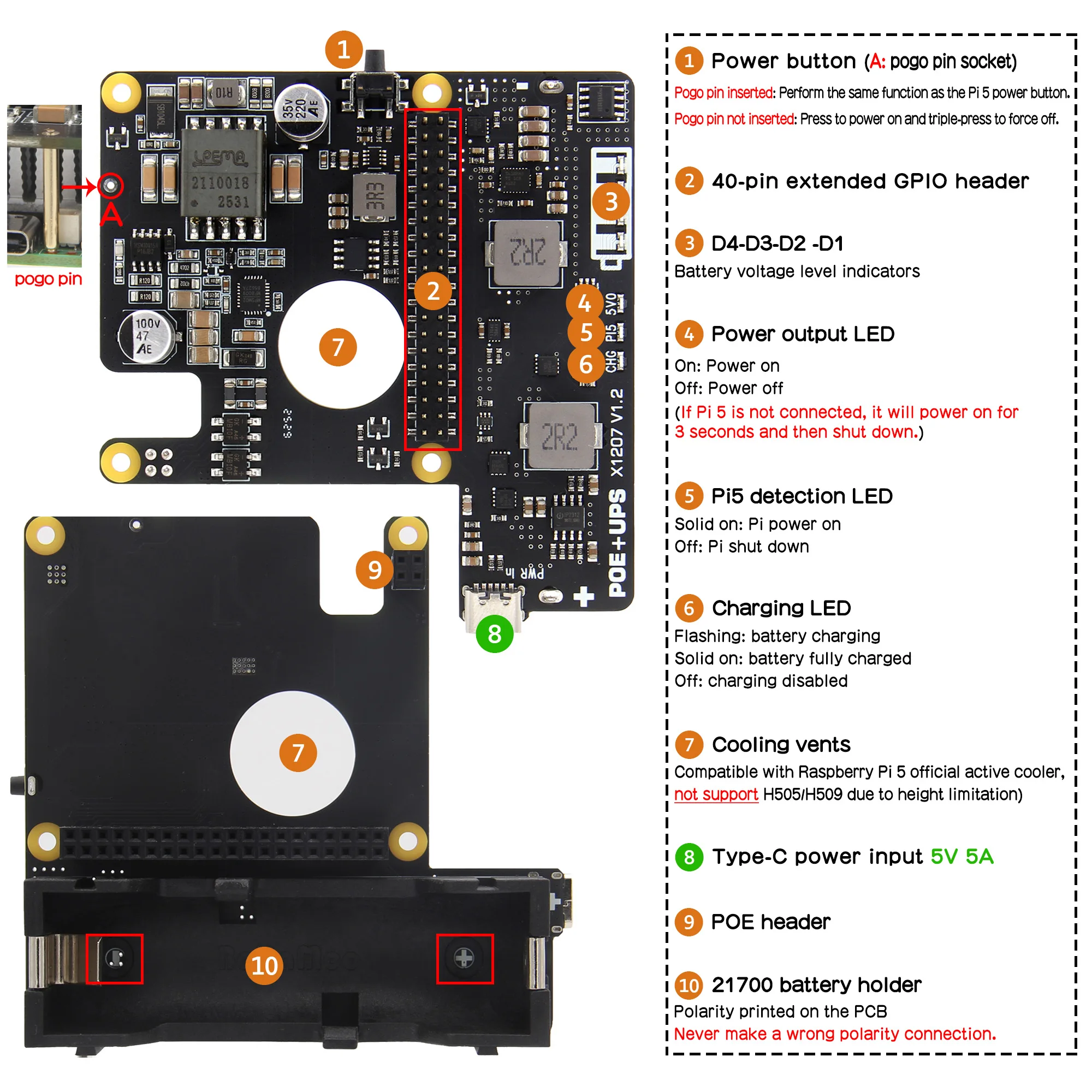 Geekbord X1207 UPS HAT ����� ���� 5 �ø���� - 5.1V 5A PoE ���� ����, ������ ���� ���� �� 21700 ���͸� Ȧ�� ����