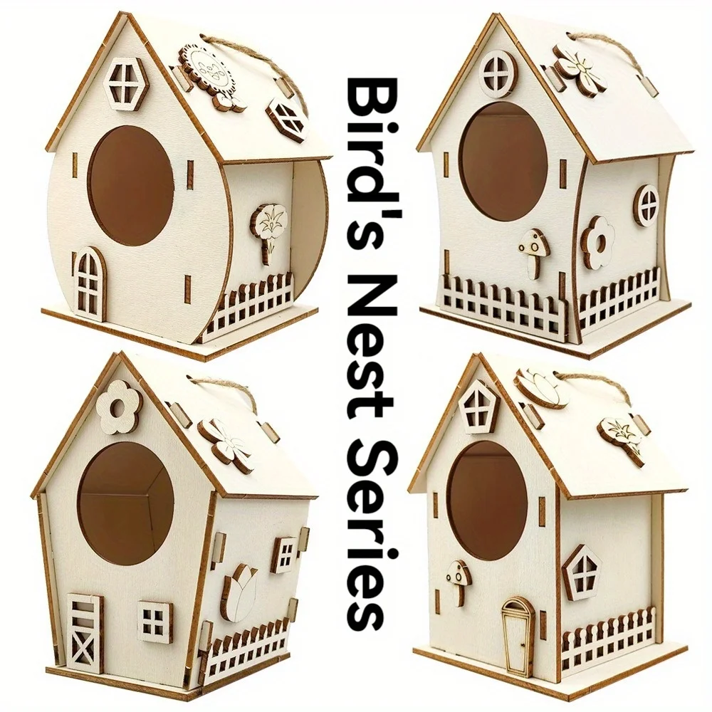 Rustic Wooden DIY Birdhouse Kit Creative Graffiti Bird Nest Wood Birdhouse With Hanging Rope Outdoor Decor Garden Decorative