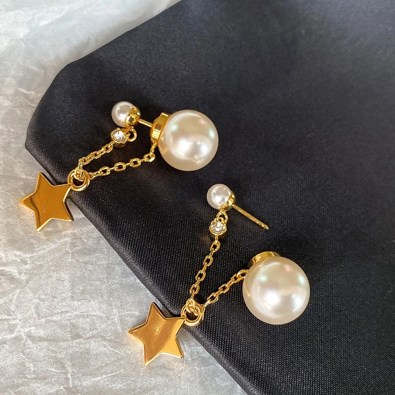 

Gold Star Chain Pearl Earrings Luxury Brand Design Stainless Steel Gold Plated 24K