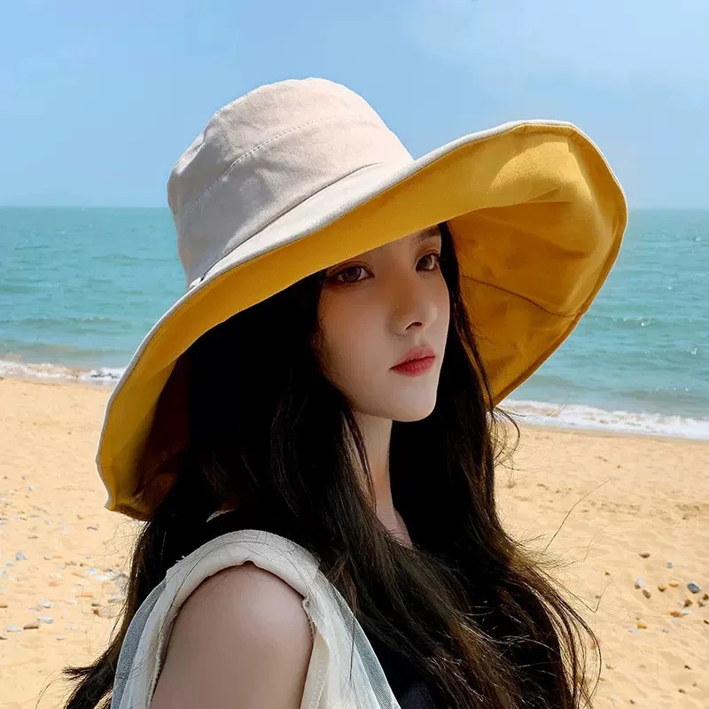 Summer Big Brim Sun Hat For Female Seaside Sun Protection UV Beach Cap Double Sided Hat Fisherman W Windproof Rope 1Pc