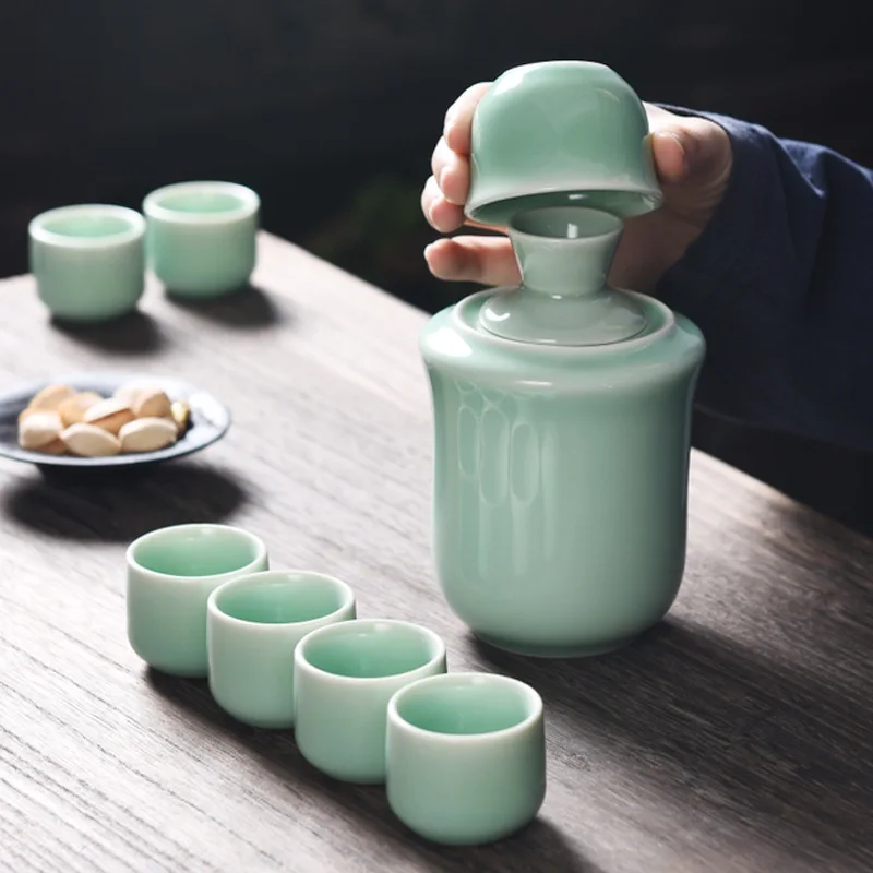 Ceramic Sake Set Cups with Warmer, Traditional Porcelain Pottery, Hot Saki Drink, Wine Glass Set