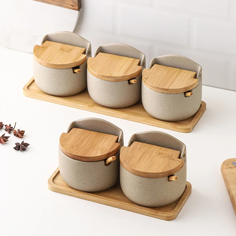 Ceramic Seasoning Jars with Wooden Lid Sugar Salt Pepper Spice Organizer Set Food Storage Tank with Spoon for Kitchen Supplies