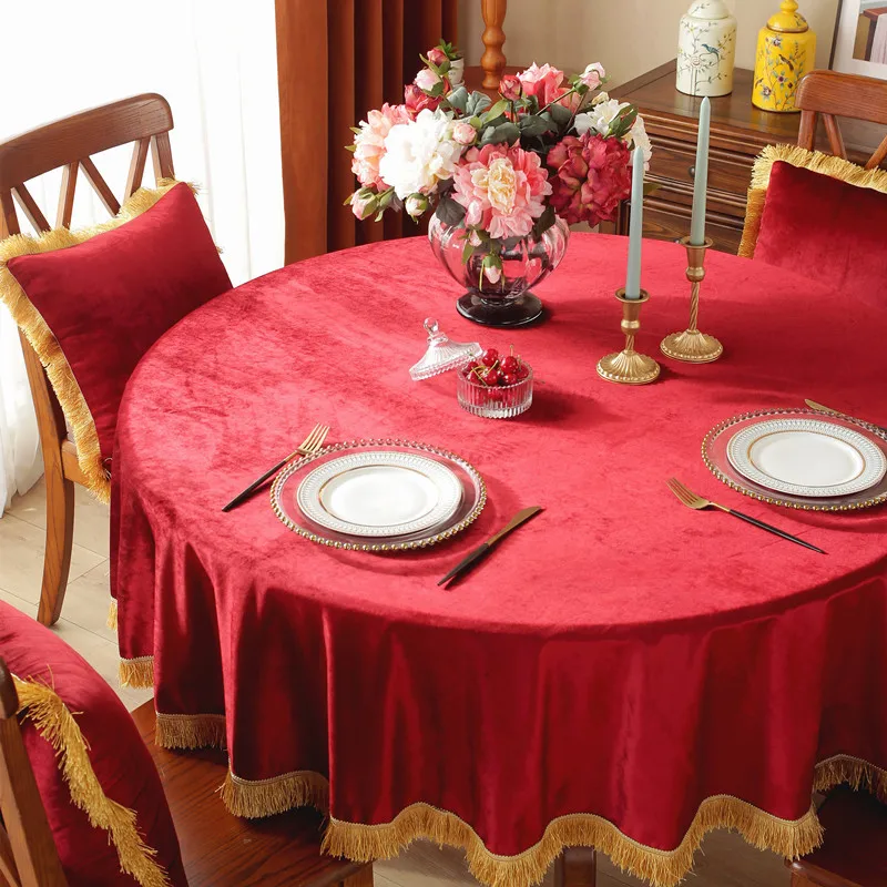 

Autumn Winter Red Wedding Celebration Round Tablecloth with Gold Tassels New Year Beautify Decoration Table Cloth Customizable