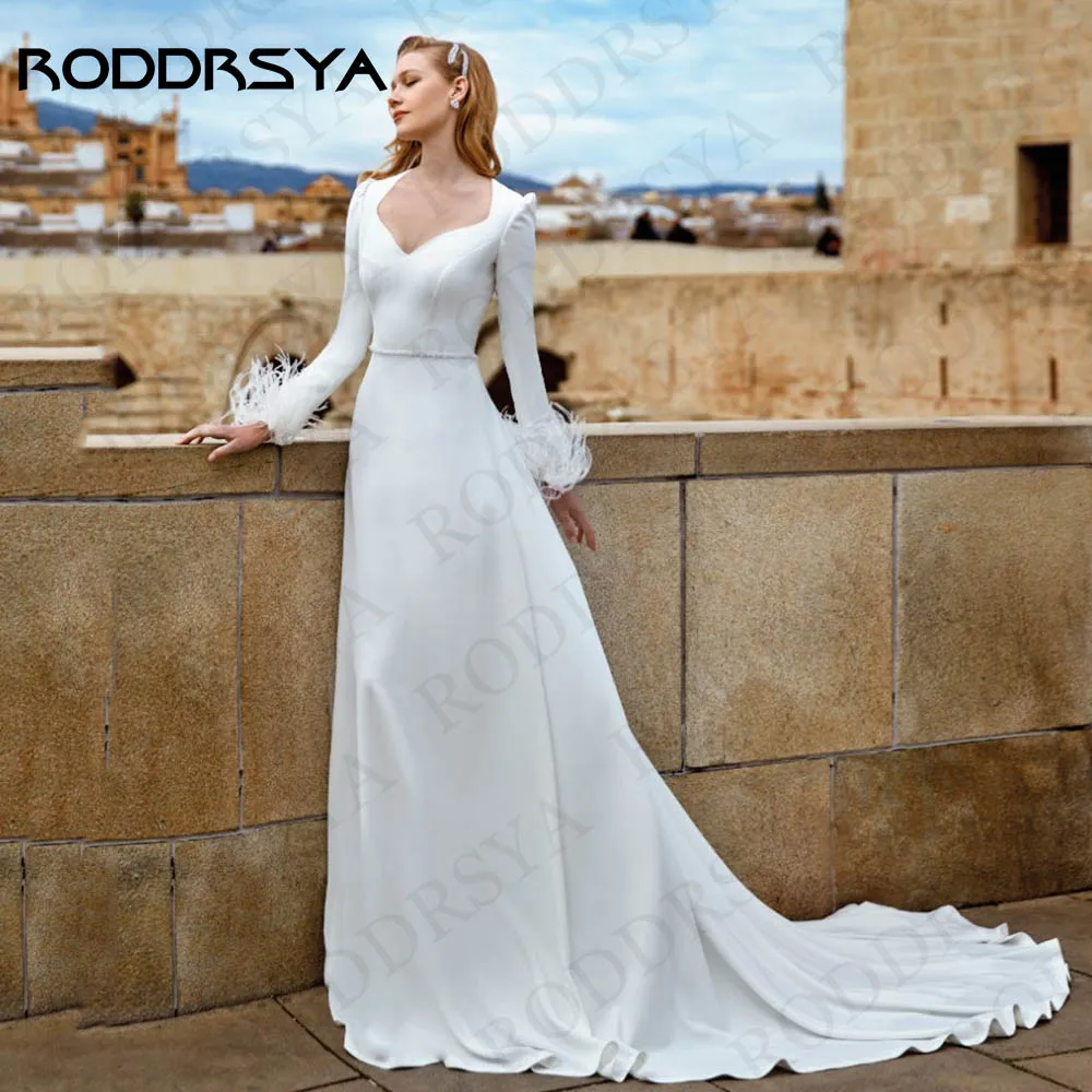 

RODDRSYA Elegant Wedding Dresses For Woman Long Sleeve Feather A Line Illusion Back Lace Appliqeues Bride Gowns Vestido De Novia