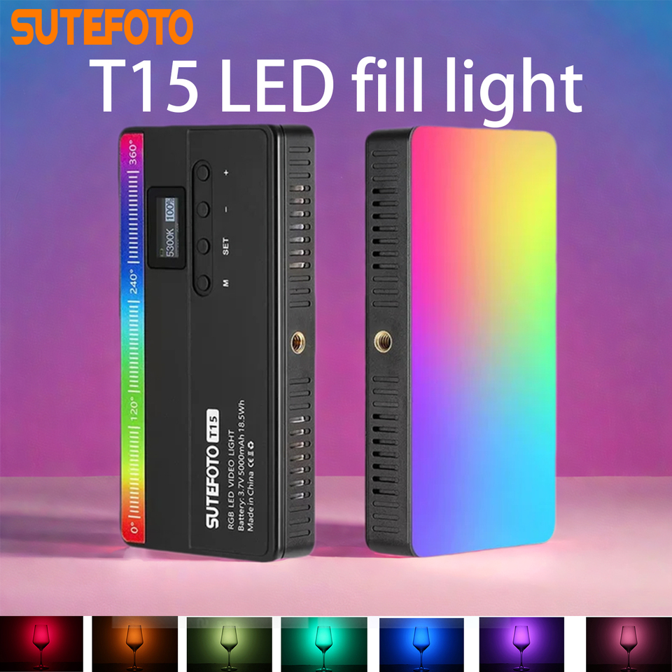 SuteFoto T15 RGB LED Video Light CRI95+ Photography Lighting Full Color 2800-10000K Adjustable Dimmable Light for YouTube/Studio
