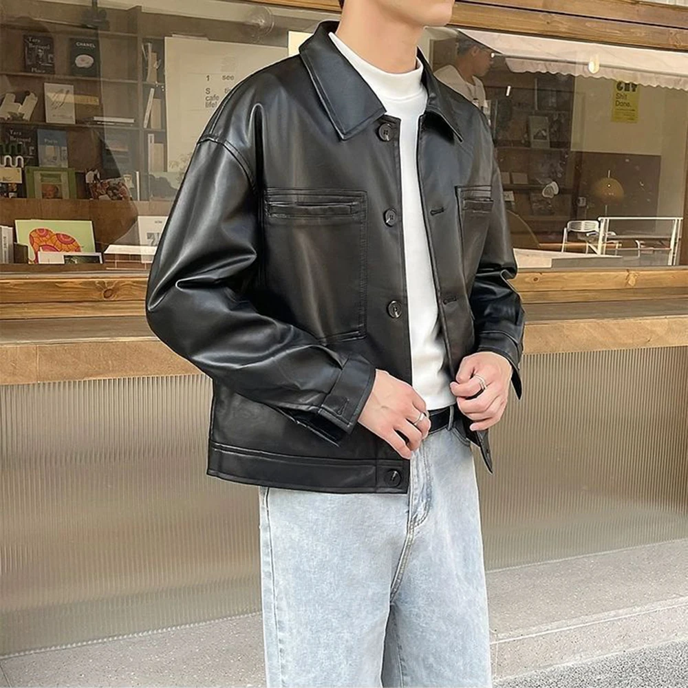 Giacca in pelle da uomo autunno moda Y2k tendenza tinta unita risvolto casual corta giacca da motociclista in pelle da strada americana da uomo 2