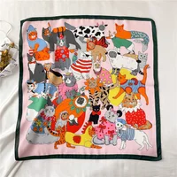 Cartoon Cat Square Imitation Silk Scarf Spring and Summer Head Wrap For Women Multifunction  Neckerchief 1