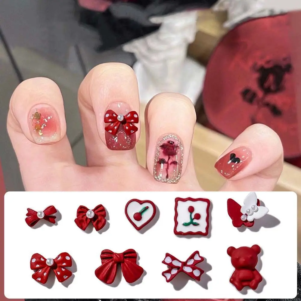 

5Pcs/set Frosted Red Color Red Bow Nail Decorations Manicure Ornaments New Year Nail Charms Bowknot Nail Rhinestones