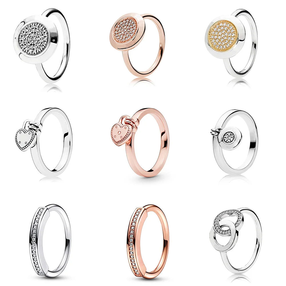 

925 Sterling Silver Ring Charms Diy Crystal Big Round Finger Ring For Women Pandora Party Jewelry Have LOGO