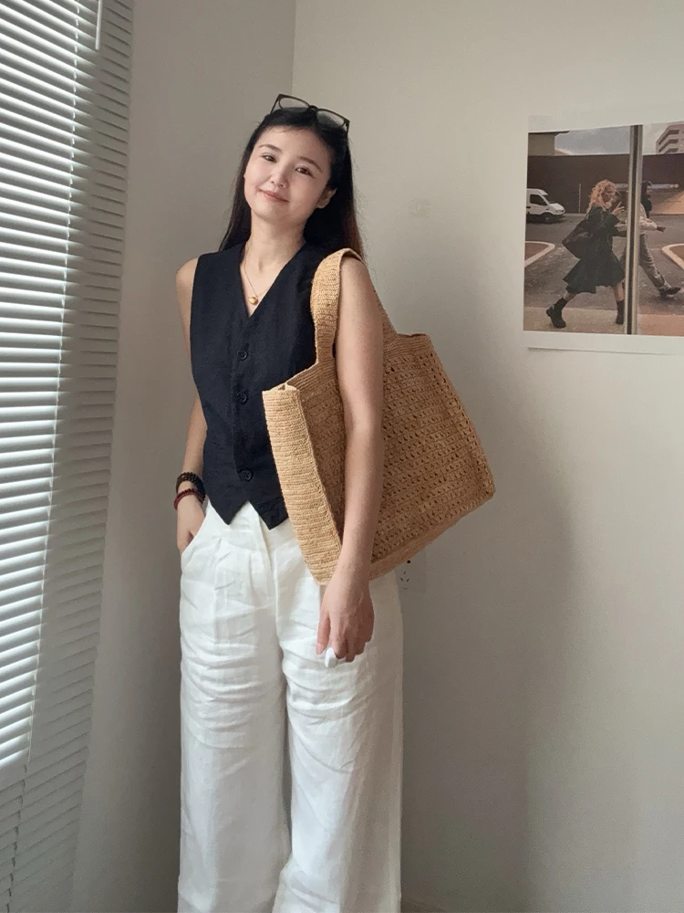 Handmade Woven Straw Beach Bag Large Capacity Shoulder Bag Women Raffia Travel Shopper Totes Summer Vacation Casual Handbags