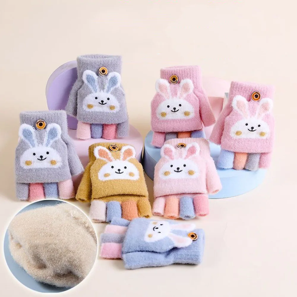 Cute Rabbit ears Children Half Finger Gloves Soft Warm Woolen Five Finger Gloves for Kids Knitted Mittens Warm Flip