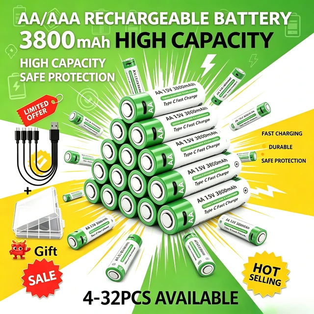 AA AAA Rechargeable Battery 3000/3800mAh 1.5V Constant Voltage Lithium Battery Type-C Fast Charging for Remote Mouse Toy 1
