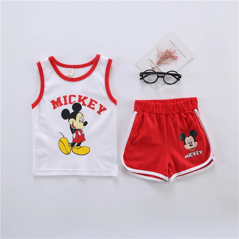 Children's Suit 2-piece Set Baby Boy Summer New Style Minnie Cartoon Pattern Baby Boy Vest T-shirt + Pants Girl Letter Printing baby outfit matching set Baby Clothing Set