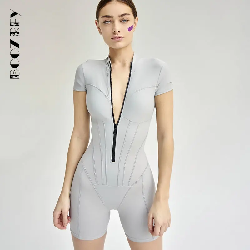 

BoozRey Sexy Zipper Stripe Jumpsuits Fall Outfits Women 2023 New Fashion Tight Short Sleeve Jumpsuit One Pieces Black Bodysuits