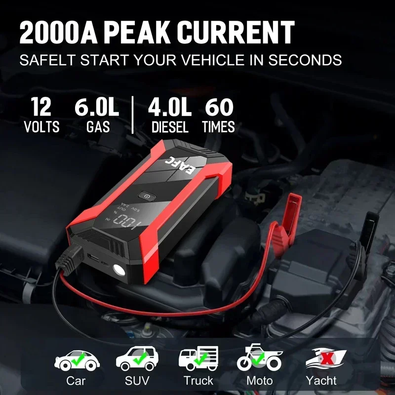 Car Jump Starter Portable Power Bank 2000A/1200A Car Battery Booster 12V Starting Device for Petrol Diesel 6.0L/4.0L