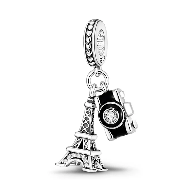 

JIALY European S925 Sterling Silver Retro Tower camera AAA CZ DIY Charm For Original Women Bracelet Necklace Chain Jewelry