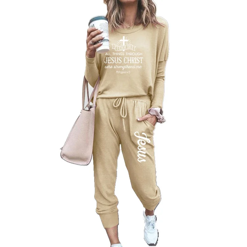 Tuveke Women's Jesus Logo Sportswear Suit Sportswear Track Suit Suit Solid Color Long-sleeved Jogging Top + Pants (5 Colors)