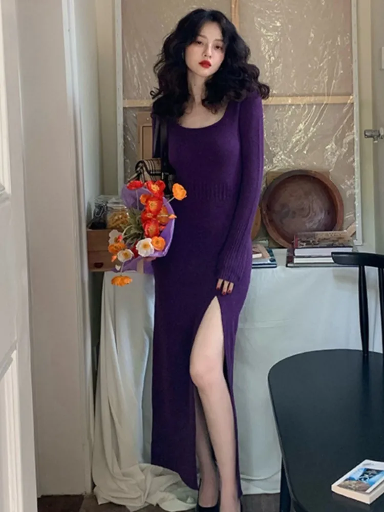 

Women Sexy High Split Knitted Midi Dress Autumn Elegant Long Sleeve Lady Vintage Party Clothes New Slim Vestidos Mujers