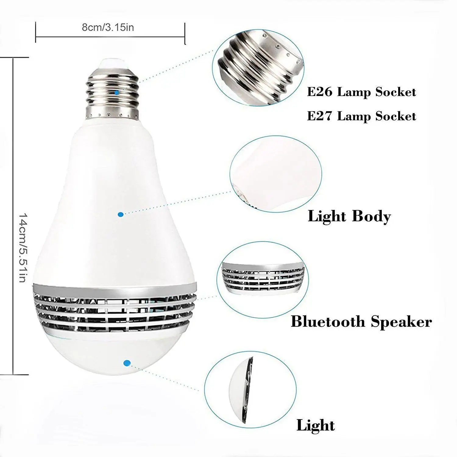 스마트 LED 전구 RGB 컬러 음악 램프, 무선 4.0 제어, 음악 스피커 타이머, E27