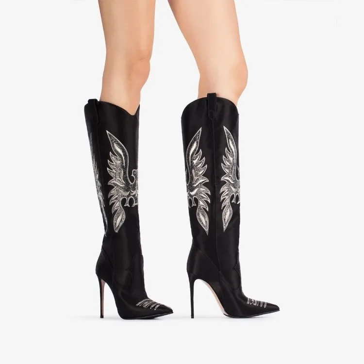 Merendy tall black embroidered boots — on-foot side profile