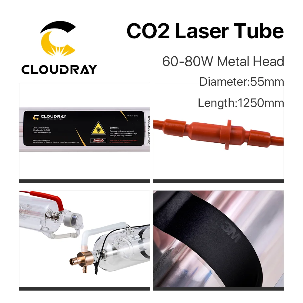 Clodray Co2 Metal Head Laser Tube CR70 60-80W Dia.55mm 1250mm Length Laser Source for 10.6um Co2 Engraving Machine