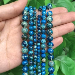 Dark Lake Blue Sea Sediment Imperial Jasper Natural Stone Round Spacer Beads for Jewelry Crafting and DIY Accessories (Dark lake blue)