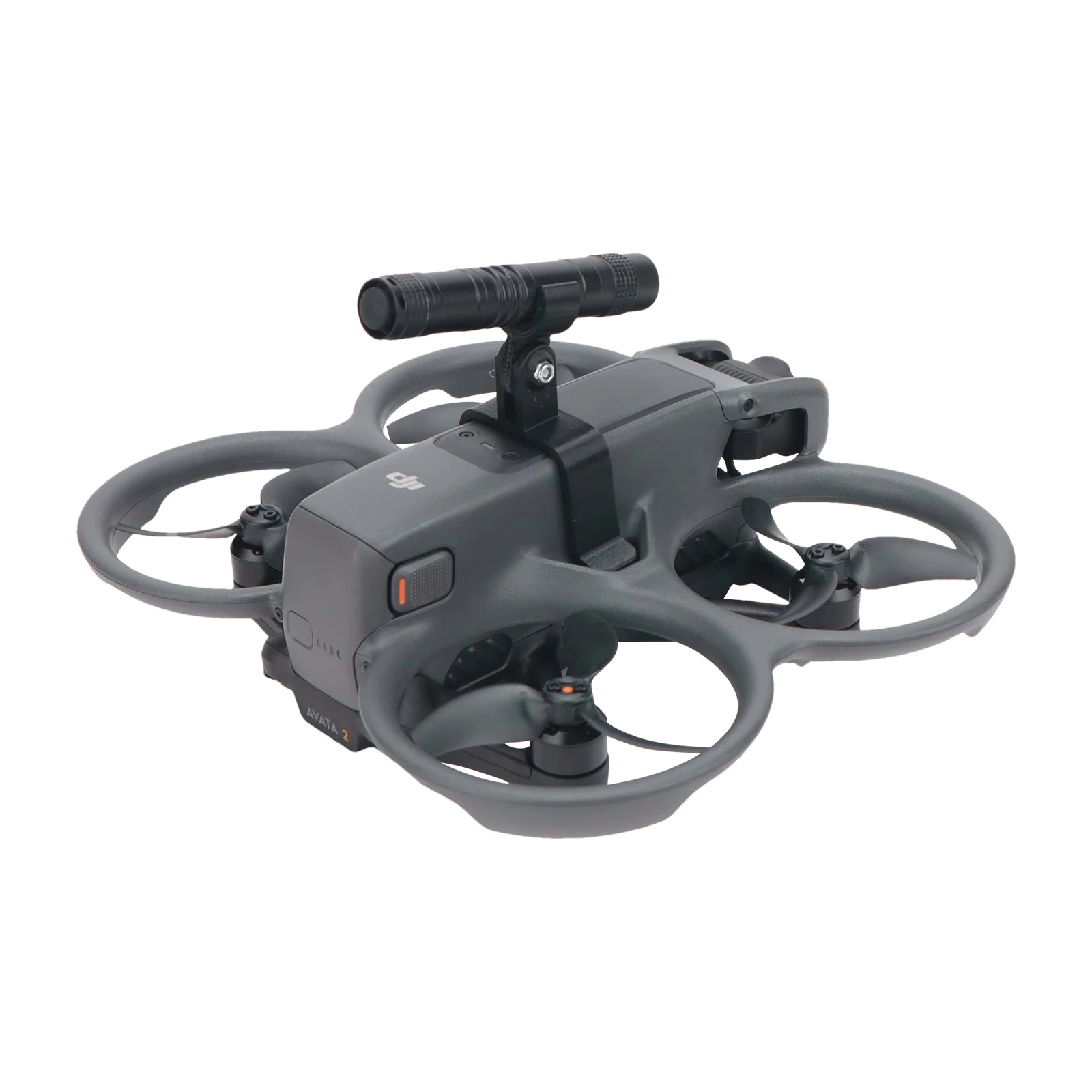 Drone DJI Avata 2 équipé du feu de navigation lumineux, avec le support lampe torche orientable et la perle CREE XPE-R3 120LM en action.