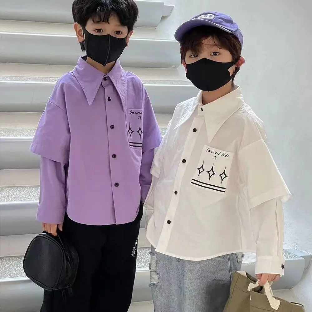 

Spring Summer Boys False Pair Shirts Printing Cotton Shirt Coat Kids Clothes Teenage boys White Shirt Long Sleeve Tops for Child