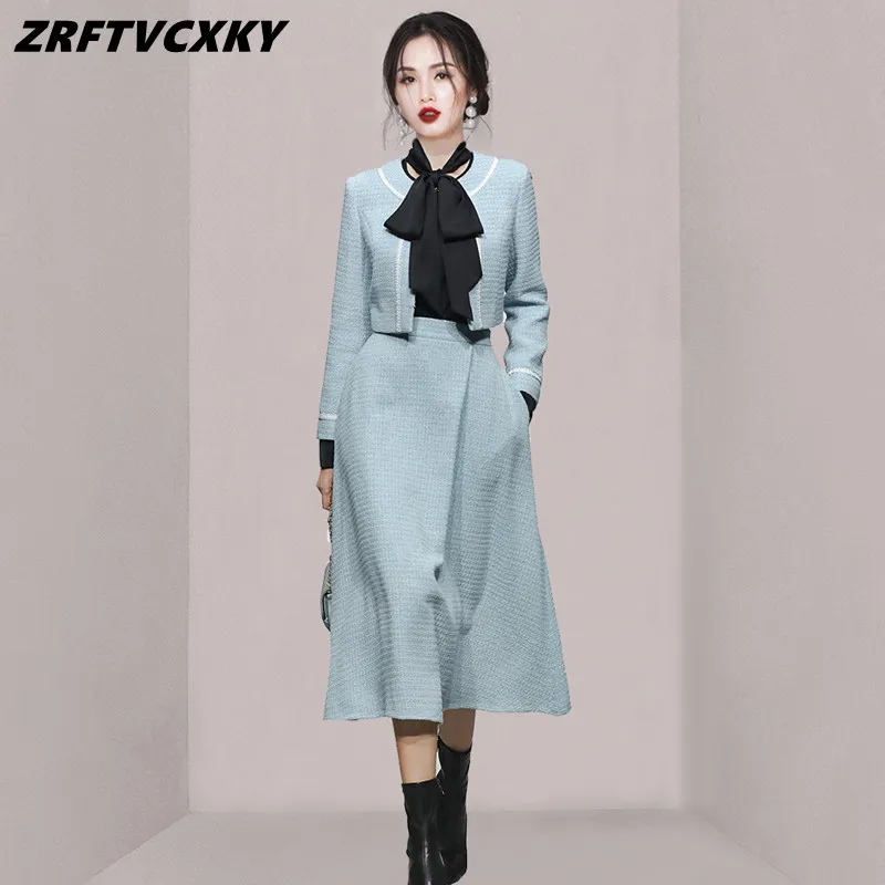 

Women Office Casual 2 Pieces Set Autumn Fashion Tweed Top Coat+Mid-Calf A-Line Skirt Suit Korean Ladies Winter Simple Skirt Suit