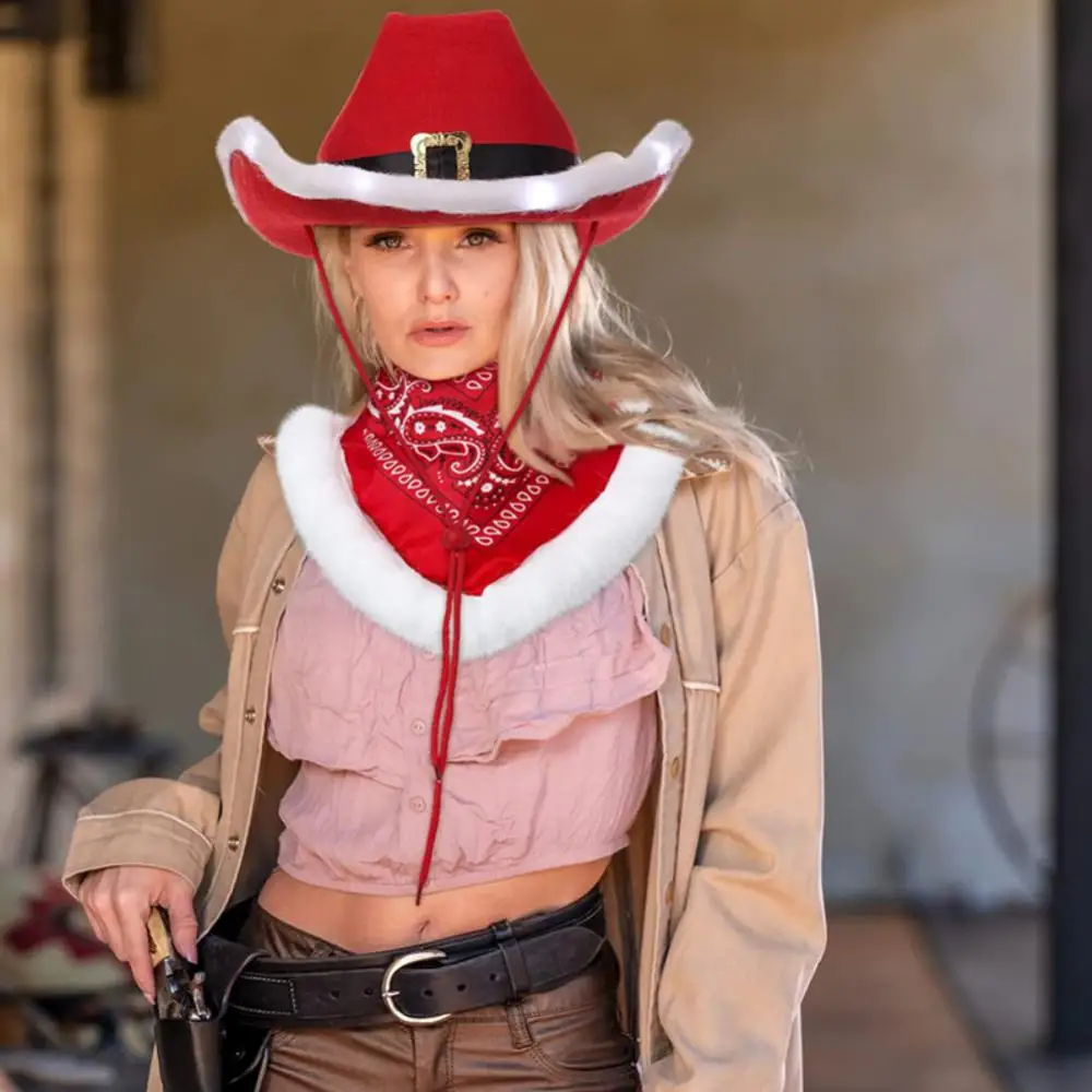 Description Picture 5 of itemFashion Christmas Cowboy Hats LED Luminous Red Velvet And White Feather Santa Hat Women Girls Cosplay Tiara New Year Party Decor