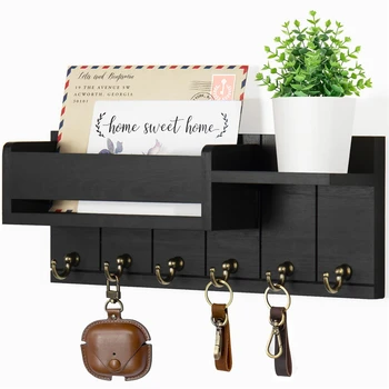 Portachiavi decorativo e organizer per posta con 6 ganci per chiavi Portachiavi in legno rustico montato a parete con ripiano per ingresso soggiorno 1