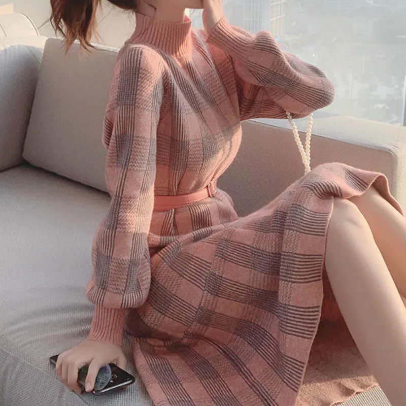 

Autumn Winter Women Ruffles Mermaid Maxi Dress Warm Female New Fashion Korean Elasticity Thickening Knitted Pink Sweater Dress