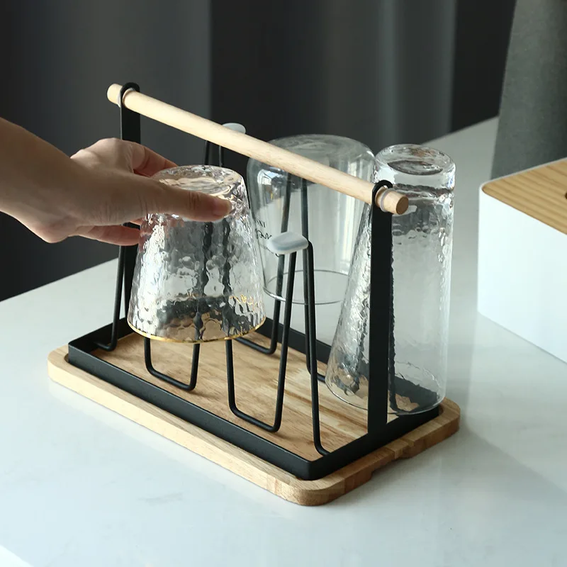 

Nordic Iron Drain Cup Holder Household Portable with Solid Wood Tray Cup Holder Living Room Kitchen Cup Storage Supplies