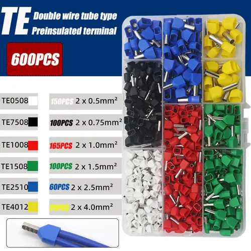 130/380/600 PCS TE Double Wire Tube Type Pre-Insulated Terminal European Pin Type Cold Pressed Terminal Pin Type Copper Tube End - Image 7
