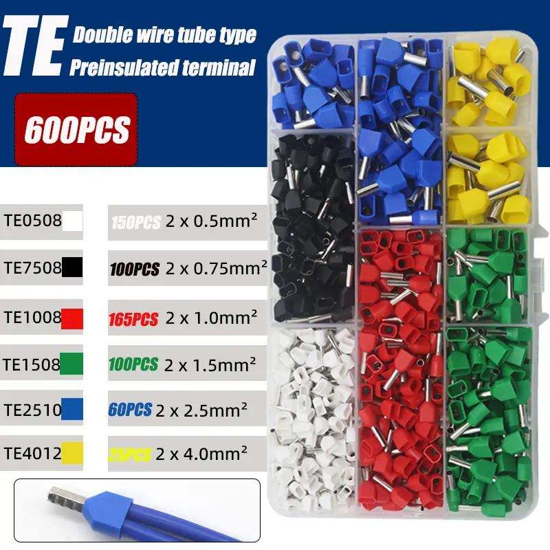 130/380/600 PCS TE Double Wire Tube Type Pre-Insulated Terminal European Pin Type Cold Pressed Terminal Pin Type Copper Tube End - Image 7