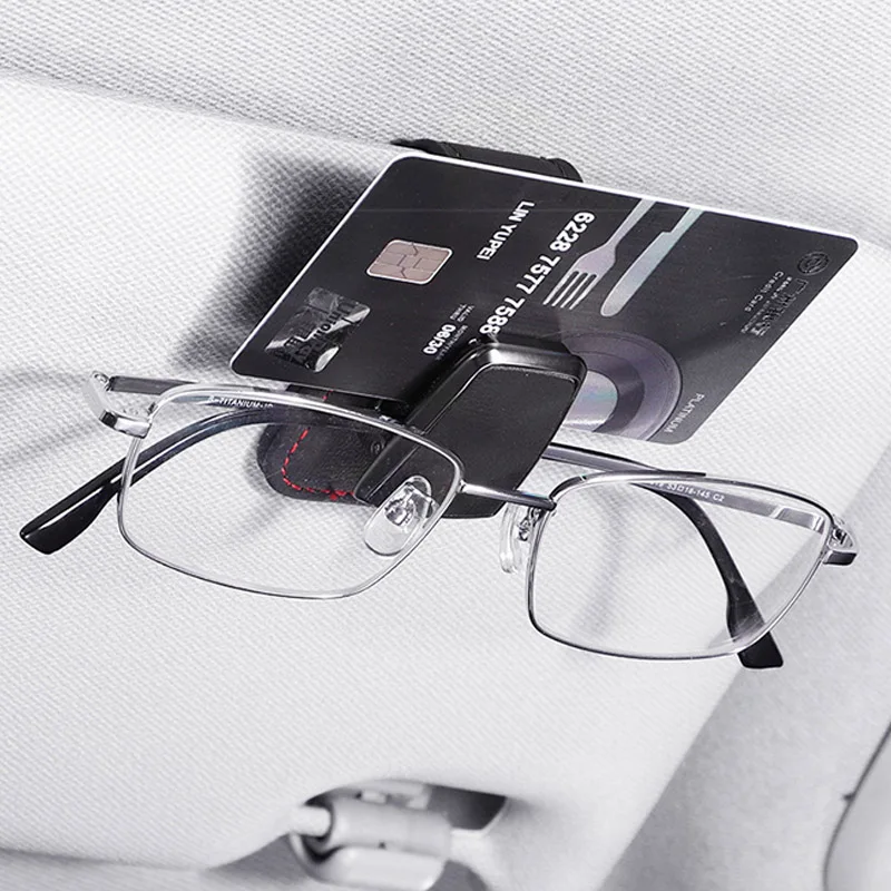 Sun Visor Sunglasses Car Holder PU Leather Card Tickets Holder Eyeglasses Fastener Storage Accessories Universal Glasses Clip