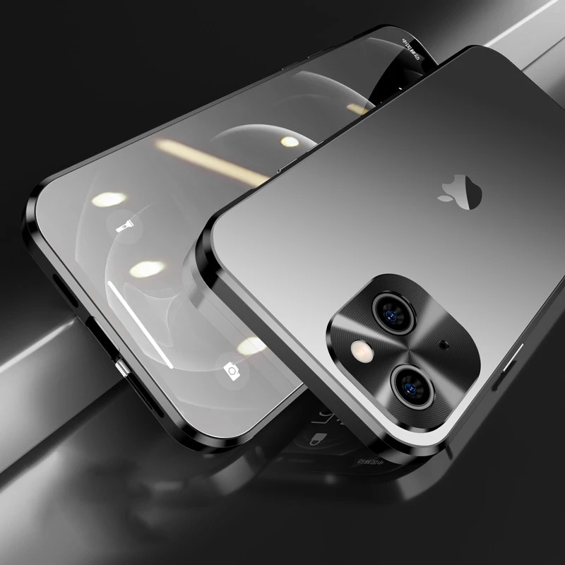 For iPhone 15 14 13 12 Pro Max Case 360° Fully sealed Case Magnetic Adsorption Metal alloy Glass Double sided protection cover