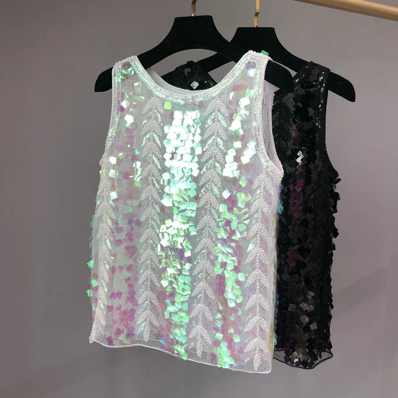 

Summer New Lace See-through Mesh Sequin Undershirt Loose Outer Wear Tops Bright Flash Niche Inner Take Bottoming Female