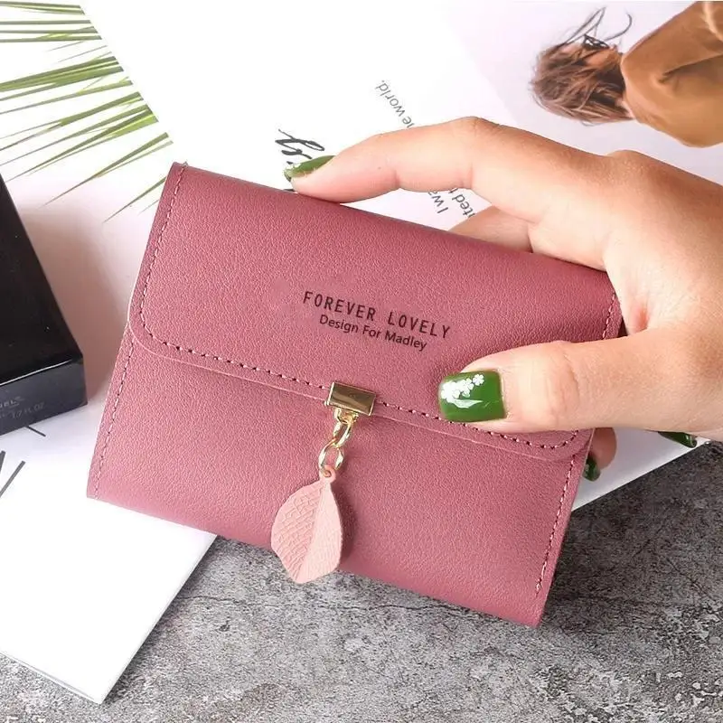 Fashion Leaf Tri-fold Coin Purse Buckle Pendant Thin Wallet New Small Women's Short Student Korean Card Holder Ladies