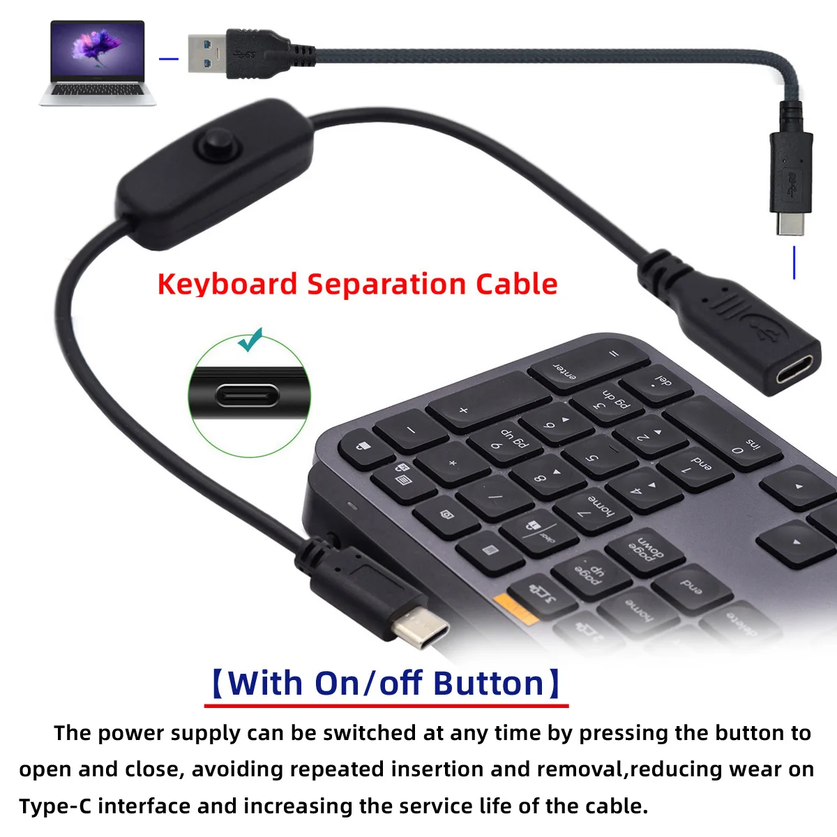 Cablecc USB Type C Male to Female USB-C Cable for Laptop Keyboard Raspberry Pi 4B with On Off Power Switch Button