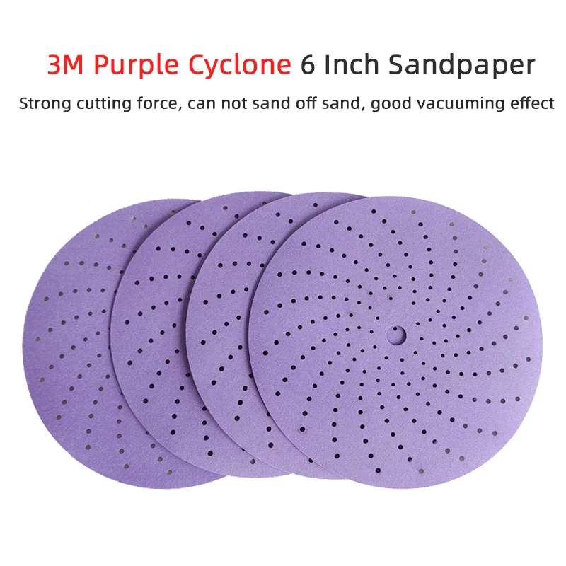 보라색 다공성 드라이 사포 청소 3M 6 인치 150mm, 모래 디스크 라운드 플록 자체 접착 자동차 페인트 샌딩 퍼티
