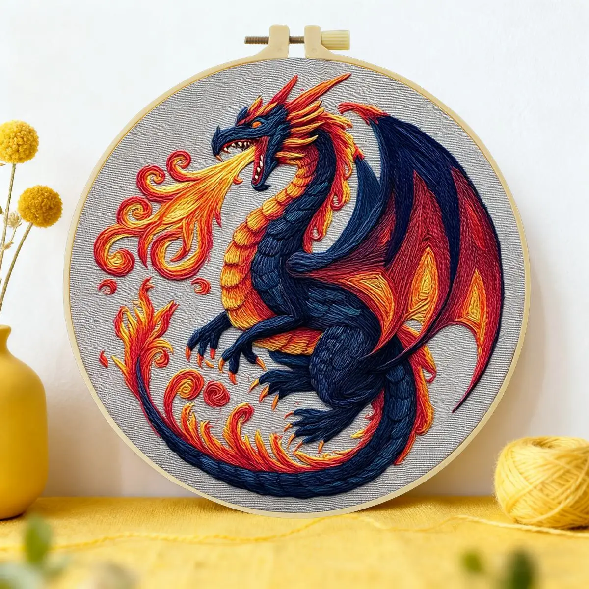 1 Stück 20X20CM/15X15CM 7,87/6,3 Zoll Feuerdrachen-Stickerei-Starter-Kit DIY-Kit DIY-Stickerei-Set Handarbeiten Nadelkunst