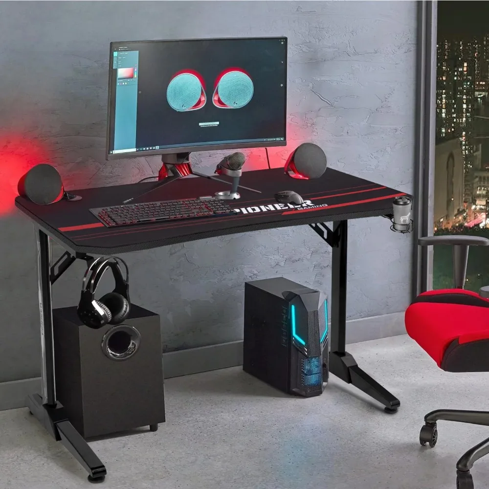 

43 Inches Gaming Desk T-Shaped Metal Frame Gaming Desk with Cup Holder and Headphone Hook, Black