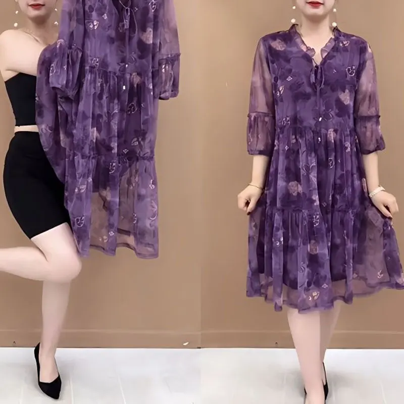 

Women's Clothing Plant Printed Dresses Vintage Stylish Shirring Drawstring 2023 Spring Summer 3/4 Sleeve A-Line Waist Midi Dress